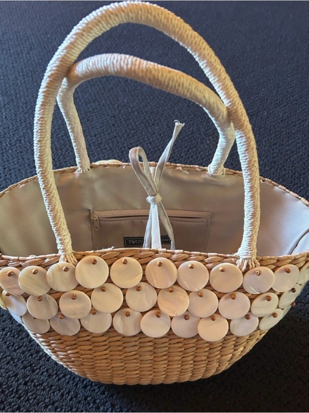 Beige and Tan Woven summer bag with cream shell detail